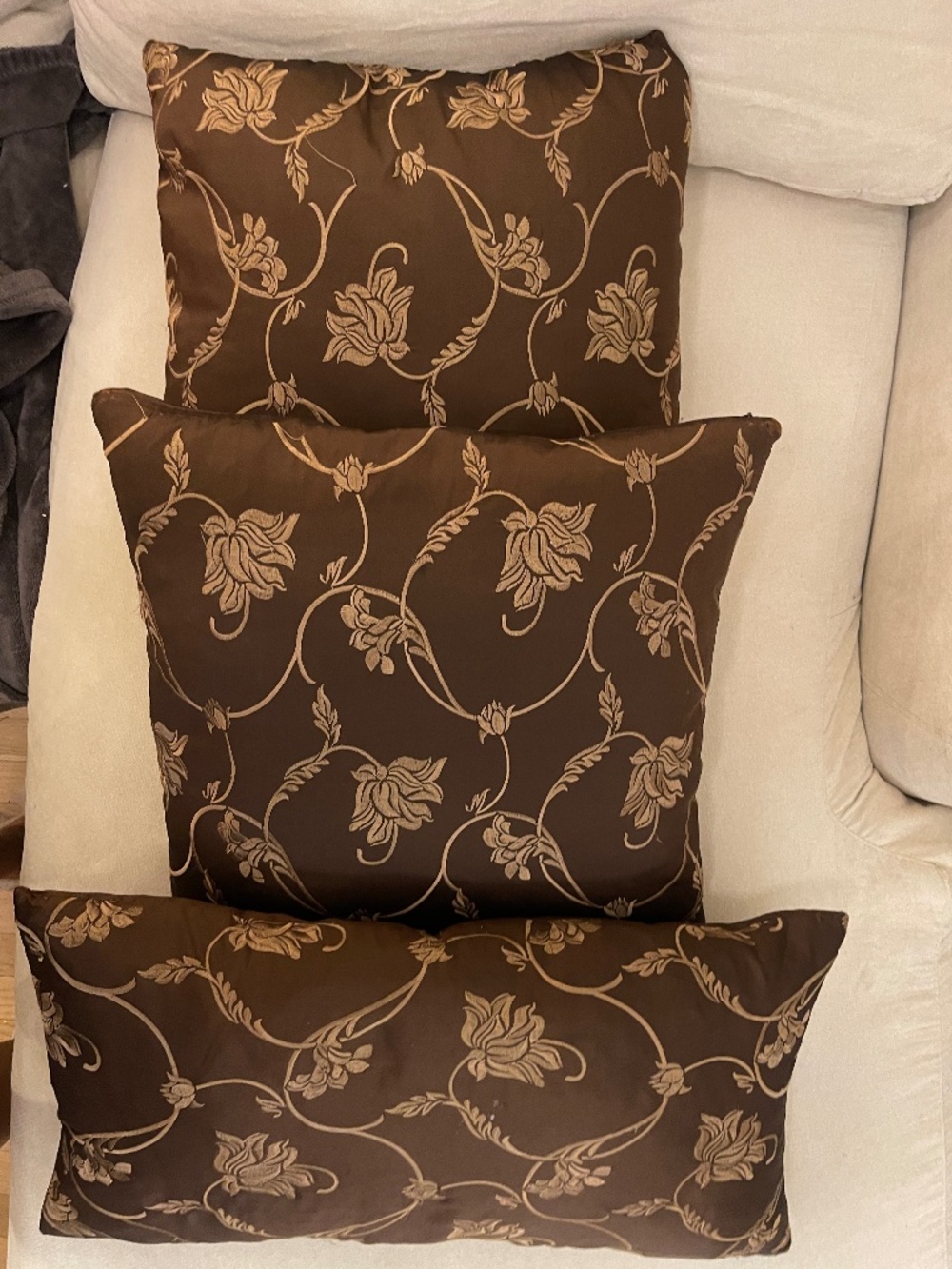 ✨ Set of 3 Silk Floral Pillows – Elegant Brown & Gold Home Decor Accent
